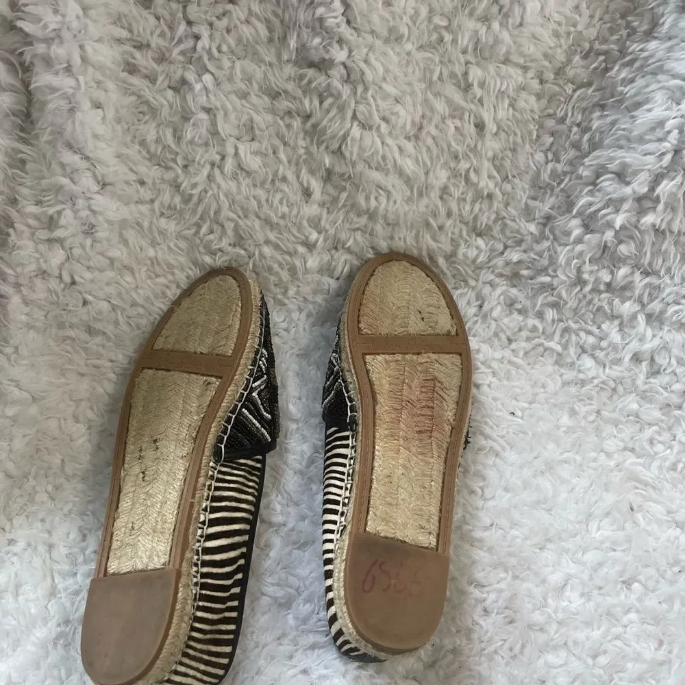 Sam Edelman Lida Beaded Geometric Black Gold White Leather Espadrilles SZ10.5M